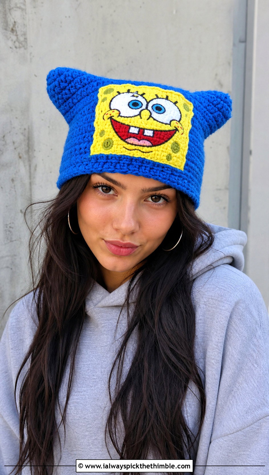 SpongeBob Crochet Cat Ear Hat With Oversized Hoodie And Mini Skirt - 15 spongebob crochet hat outfit ideas
