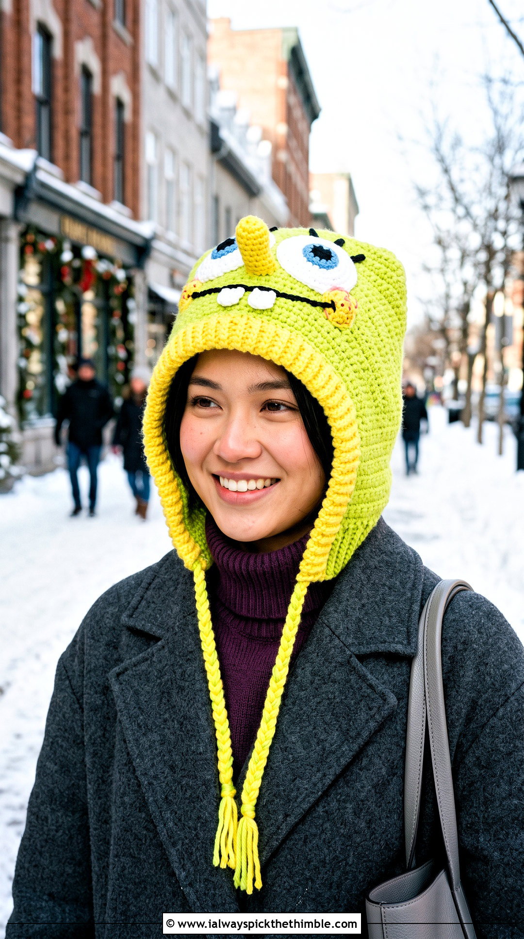 SpongeBob Crochet Hood Hat With Long Wool Coat - 25 crochet spongebob hat outfit ideas