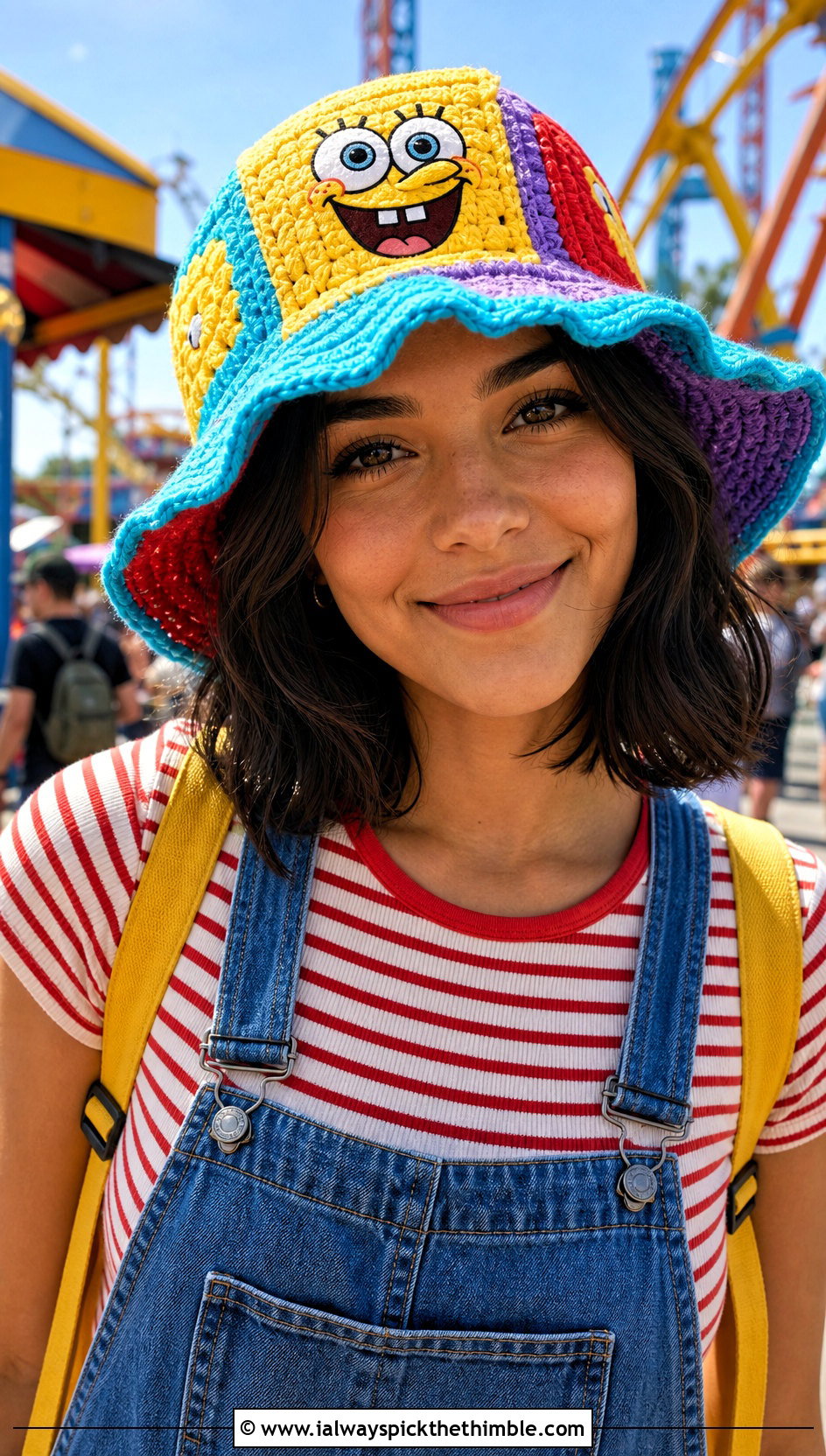 SpongeBob Crochet Patchwork Bucket Hat With Overalls - 25 crochet spongebob hat outfit ideas