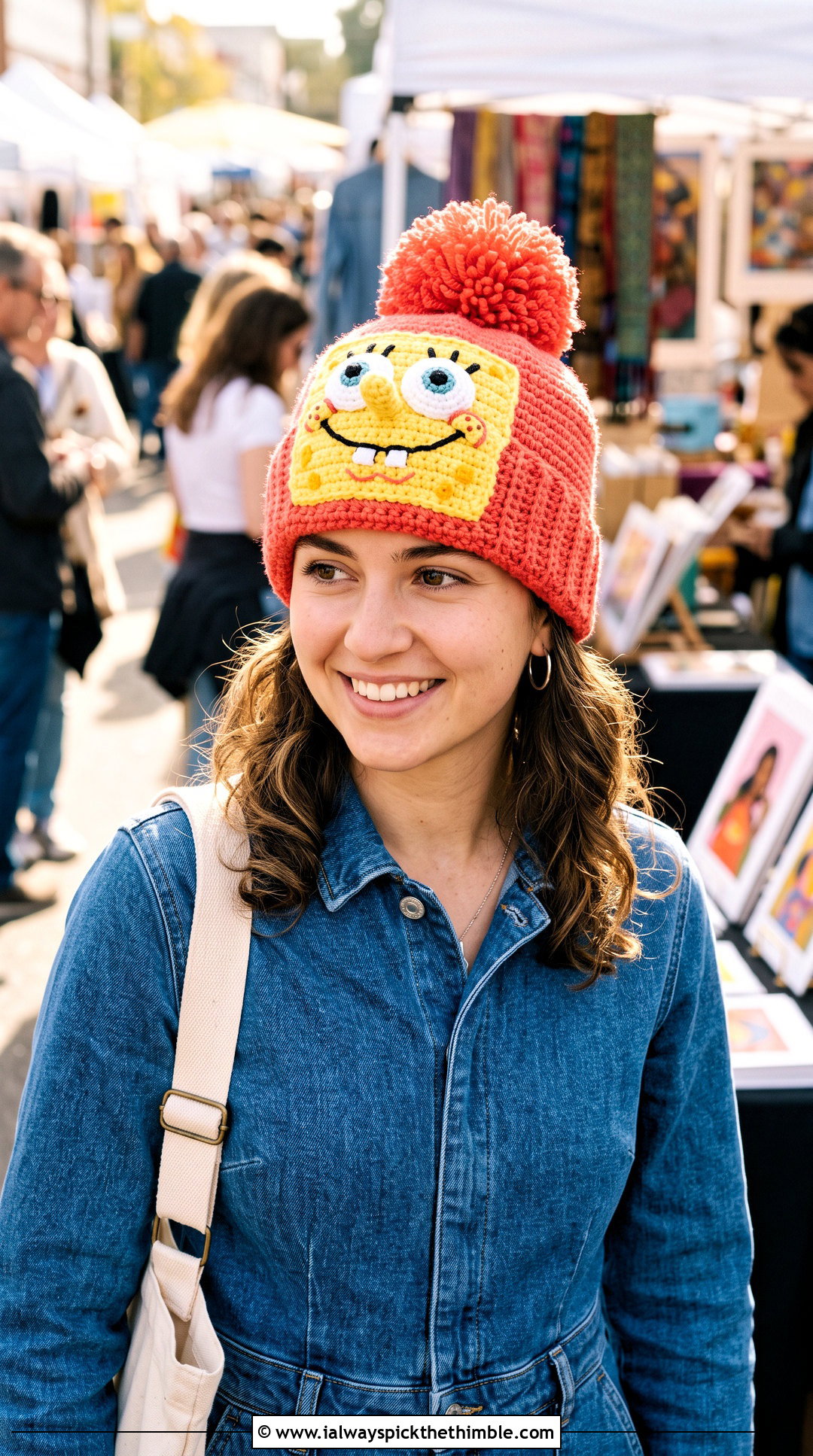 SpongeBob Crochet Pom Pom Beanie With Denim Jumpsuit - 25 crochet spongebob hat outfit ideas