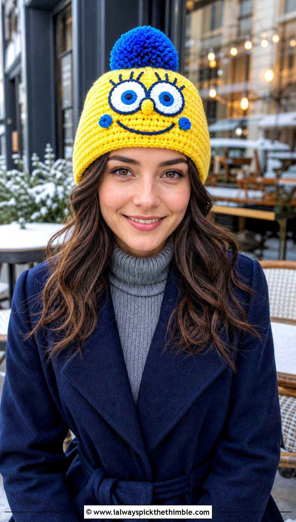 SpongeBob Crochet Pom Pom Hat With Sweater Dress And Tall Boots - 15 spongebob crochet hat outfit ideas