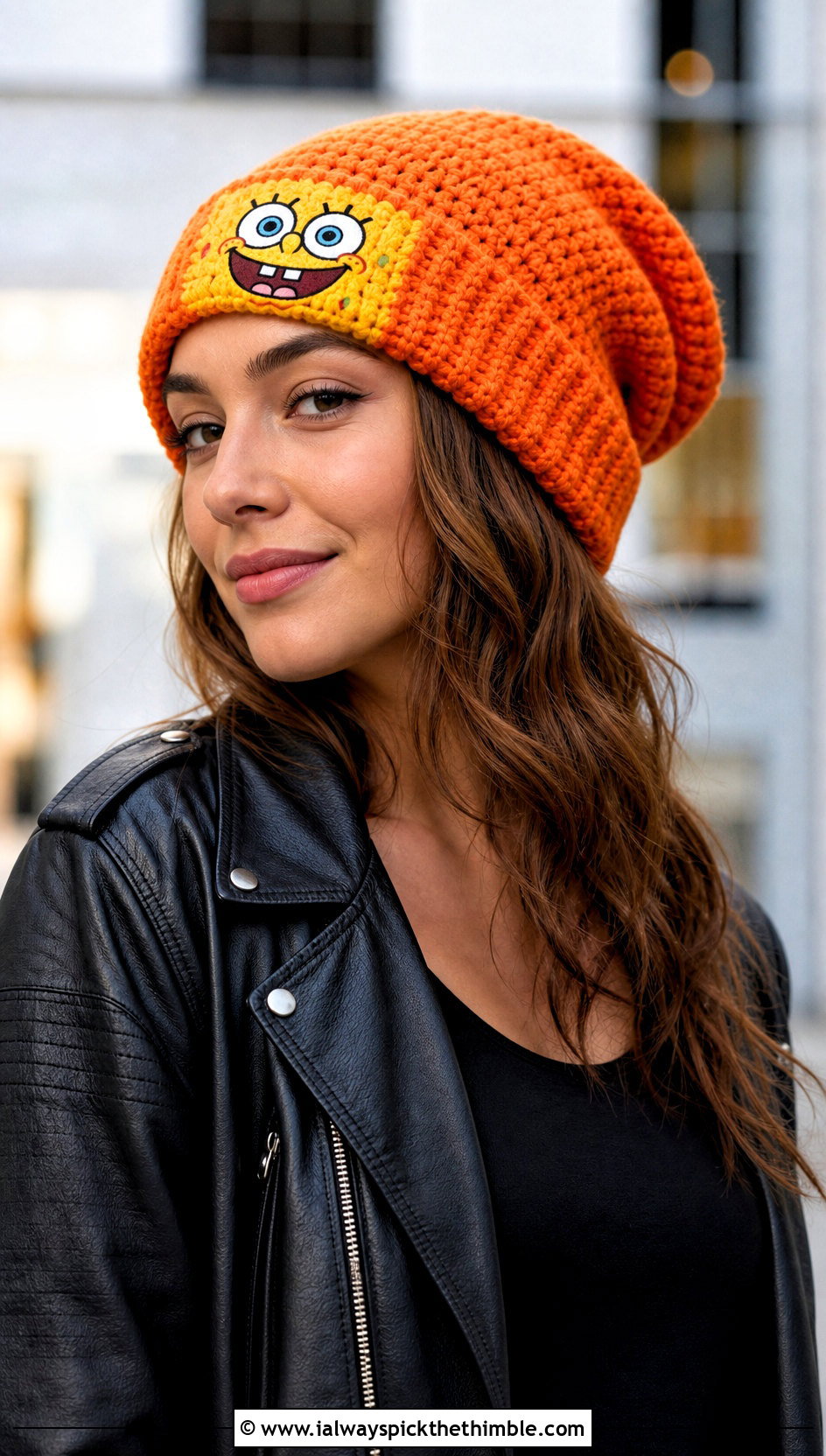 SpongeBob Crochet Slouchy Beanie With Leather Jacket And Maxi Dress - 15 spongebob crochet hat outfit ideas