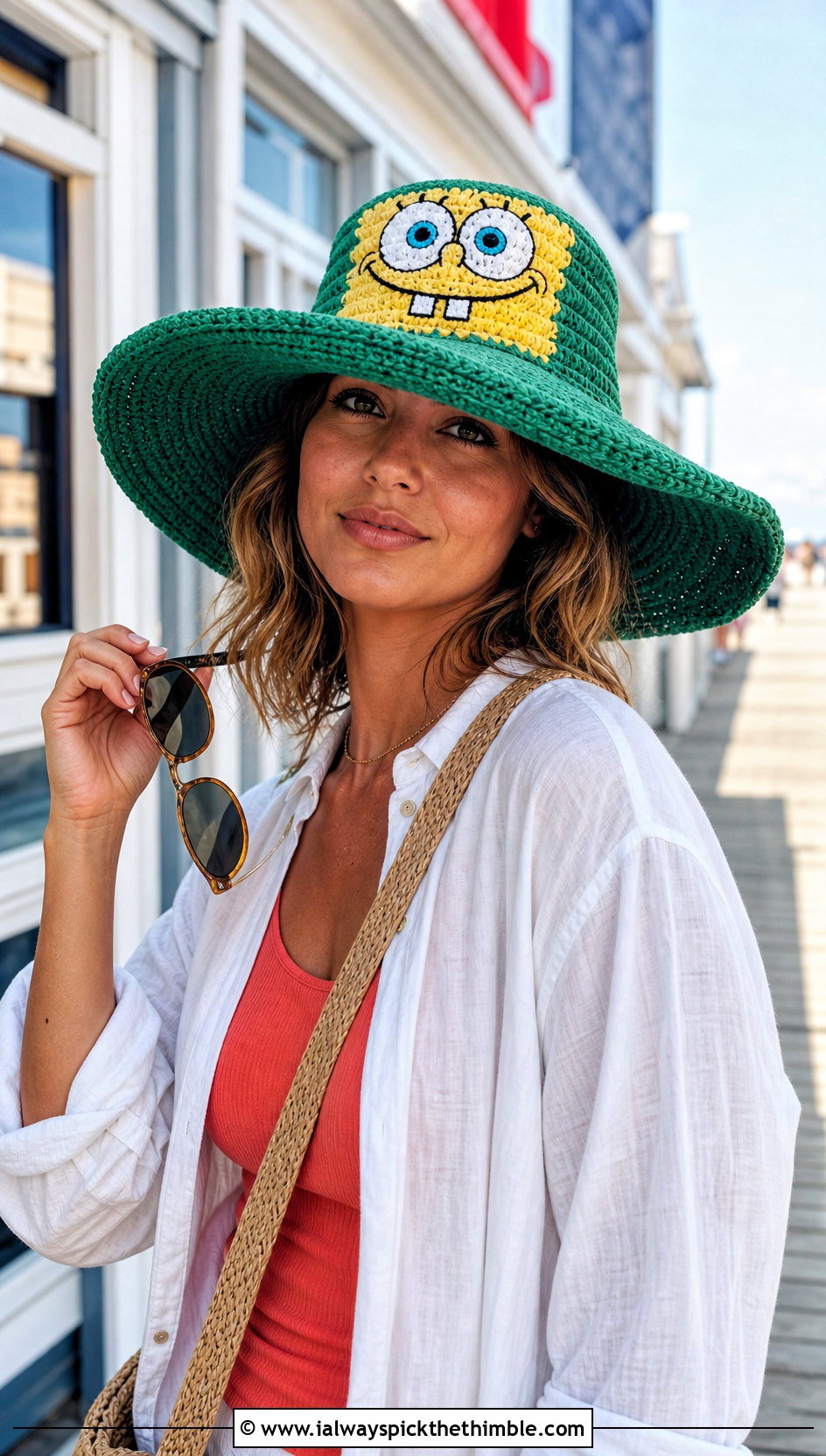 SpongeBob Crochet Sun Hat With Linen Shirt And Shorts - 25 crochet spongebob hat outfit ideas