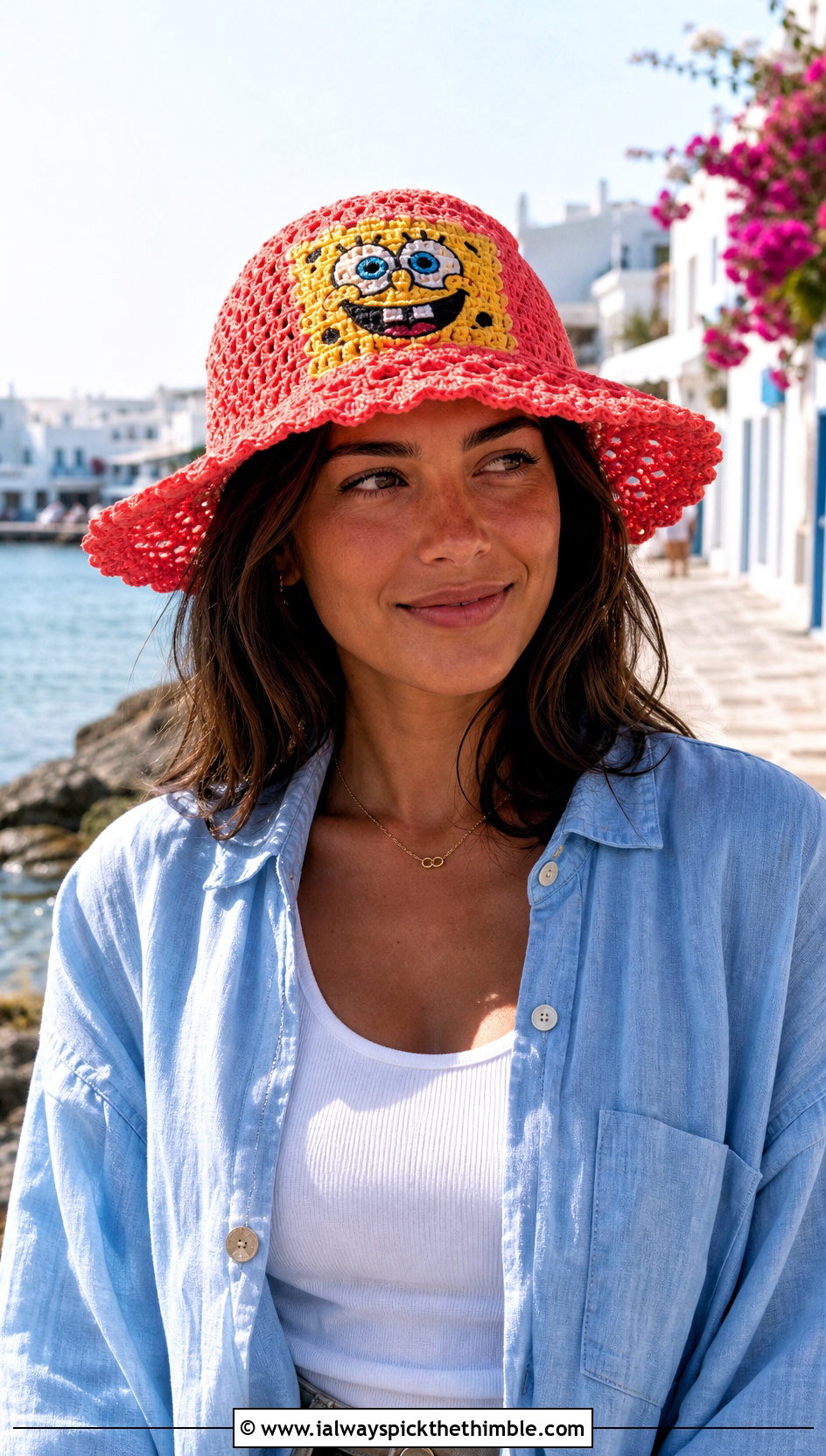 SpongeBob Crochet Sun Hat With Linen Shirt And Tailored Shorts - 15 spongebob crochet hat outfit ideas