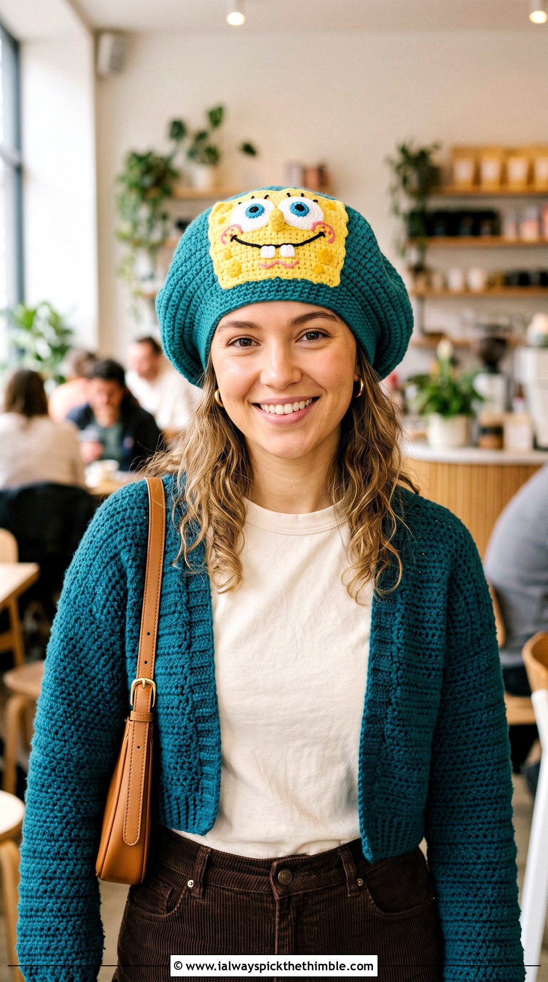 SpongeBob Crochet Tam Hat With Knit Cardigan And Trousers - 25 crochet spongebob hat outfit ideas