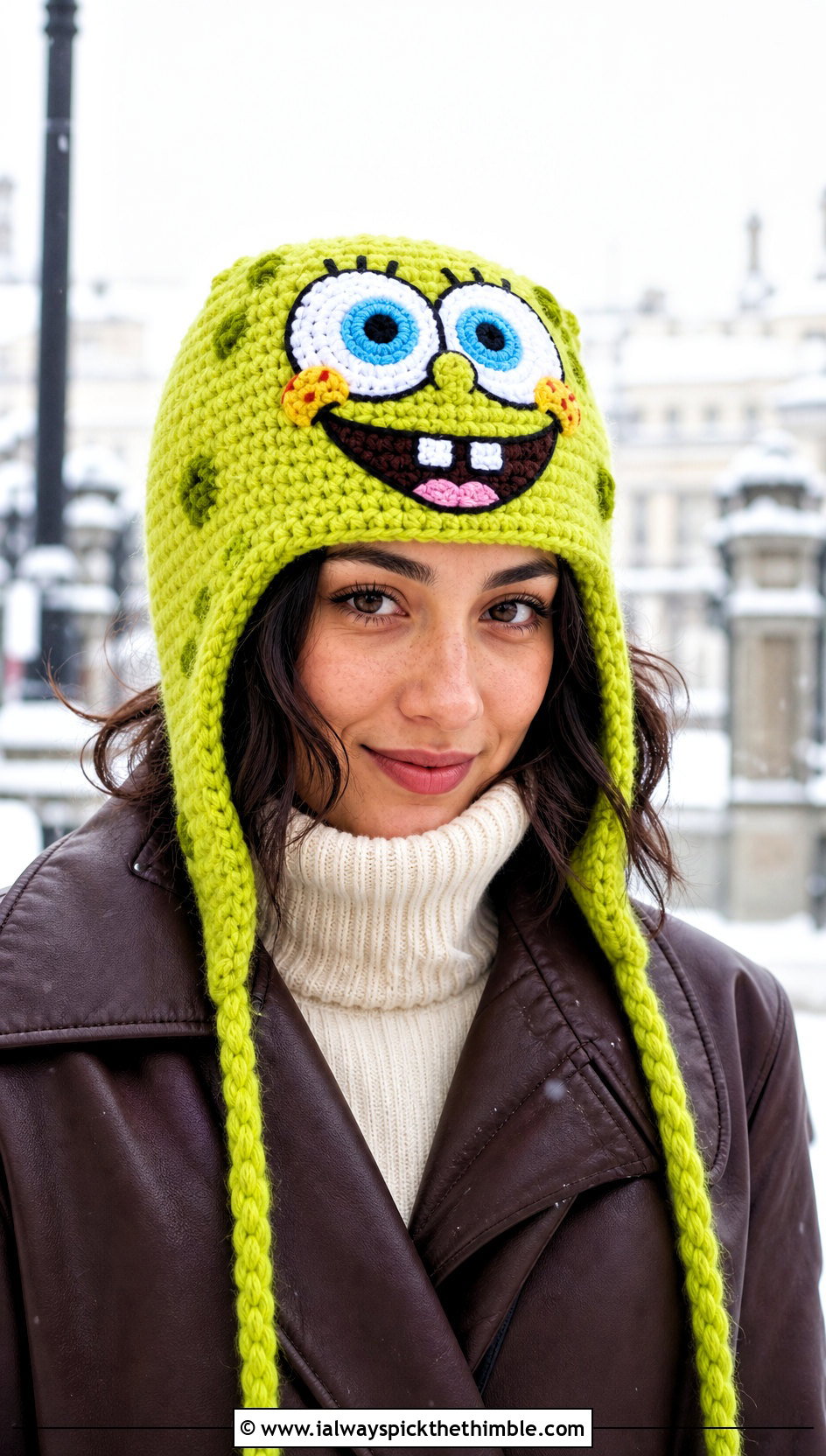 SpongeBob Crochet Trapper Hat With Faux Leather Coat And Jeans - 15 spongebob crochet hat outfit ideas