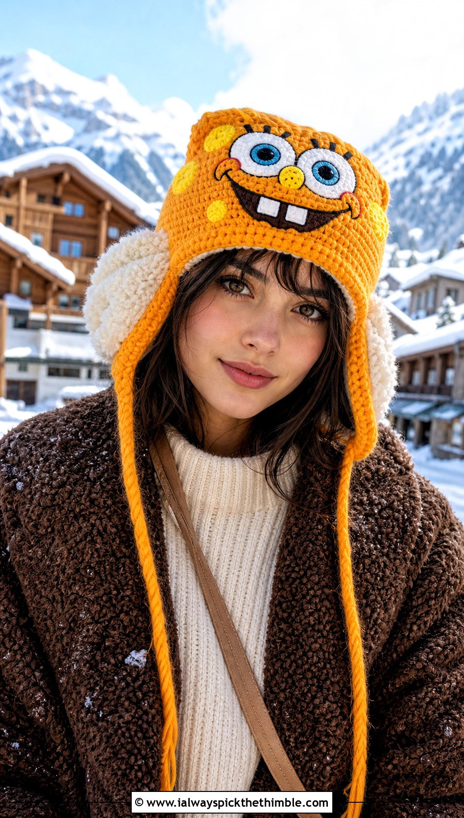 SpongeBob Crochet Trapper Hat With Shearling Coat - 25 crochet spongebob hat outfit ideas