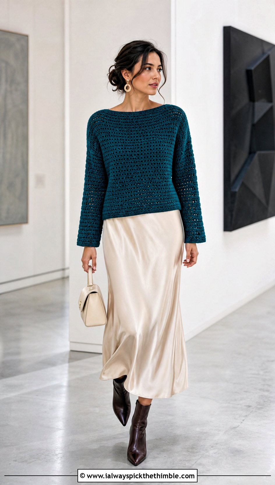 Sport Weight Boat Neck Crochet Sweater With Satin Midi Skirt - 20 Sport Weight Crochet Sweater outfit ideas