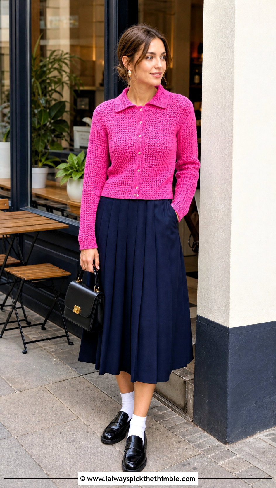 Sport Weight Collared Crochet Cardigan With Pleated Midi Skirt - 15 Sport Weight Crochet Cardigan outfit ideas