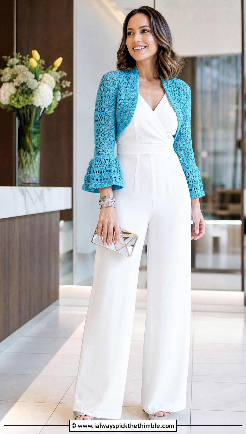 Sport Weight Crochet Bolero Cardigan With Wide Leg Jumpsuit - 15 Sport Weight Crochet Cardigan outfit ideas