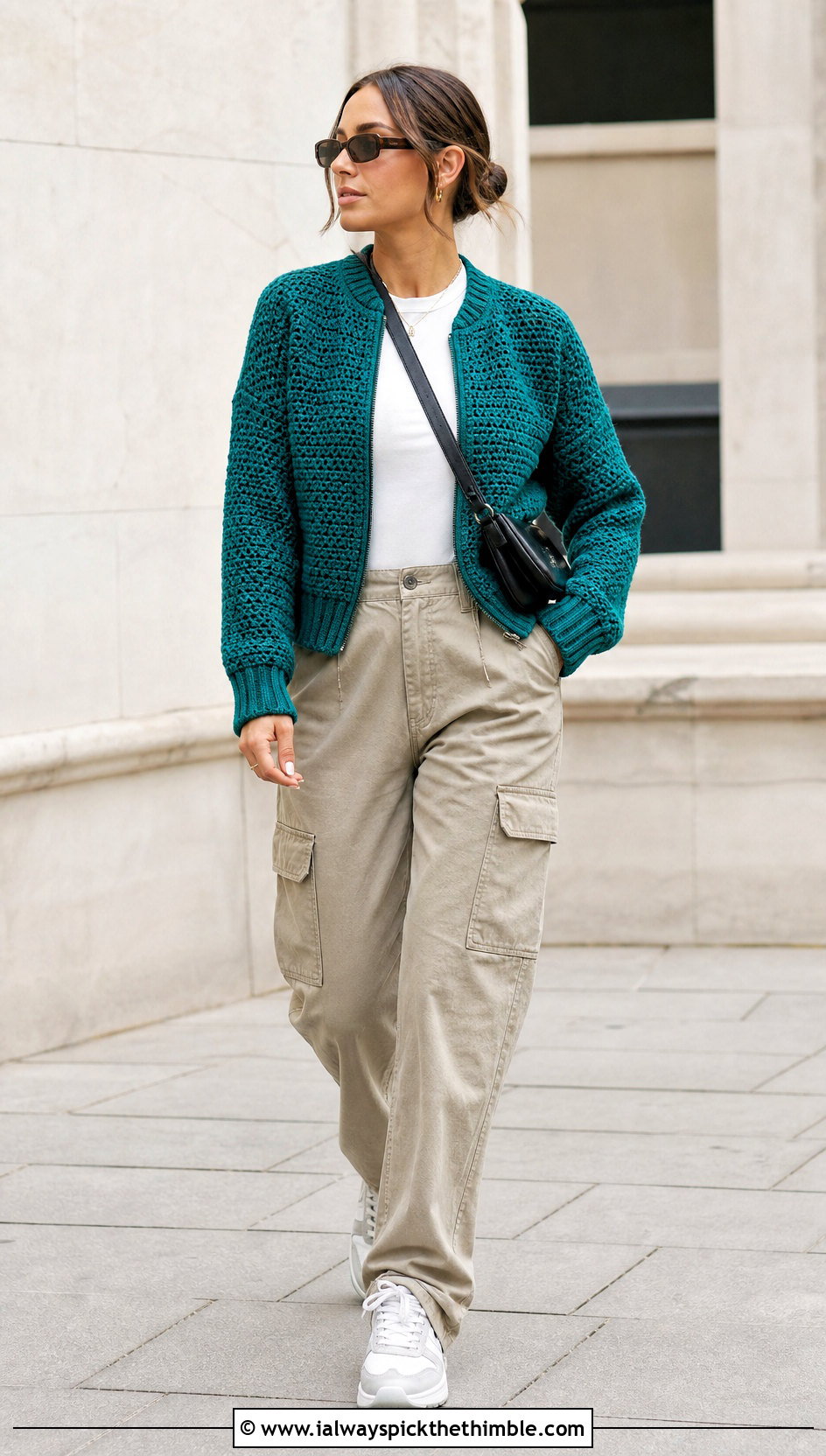 Sport Weight Crochet Bomber Cardigan With Cargo Pants - 15 Sport Weight Crochet Cardigan outfit ideas