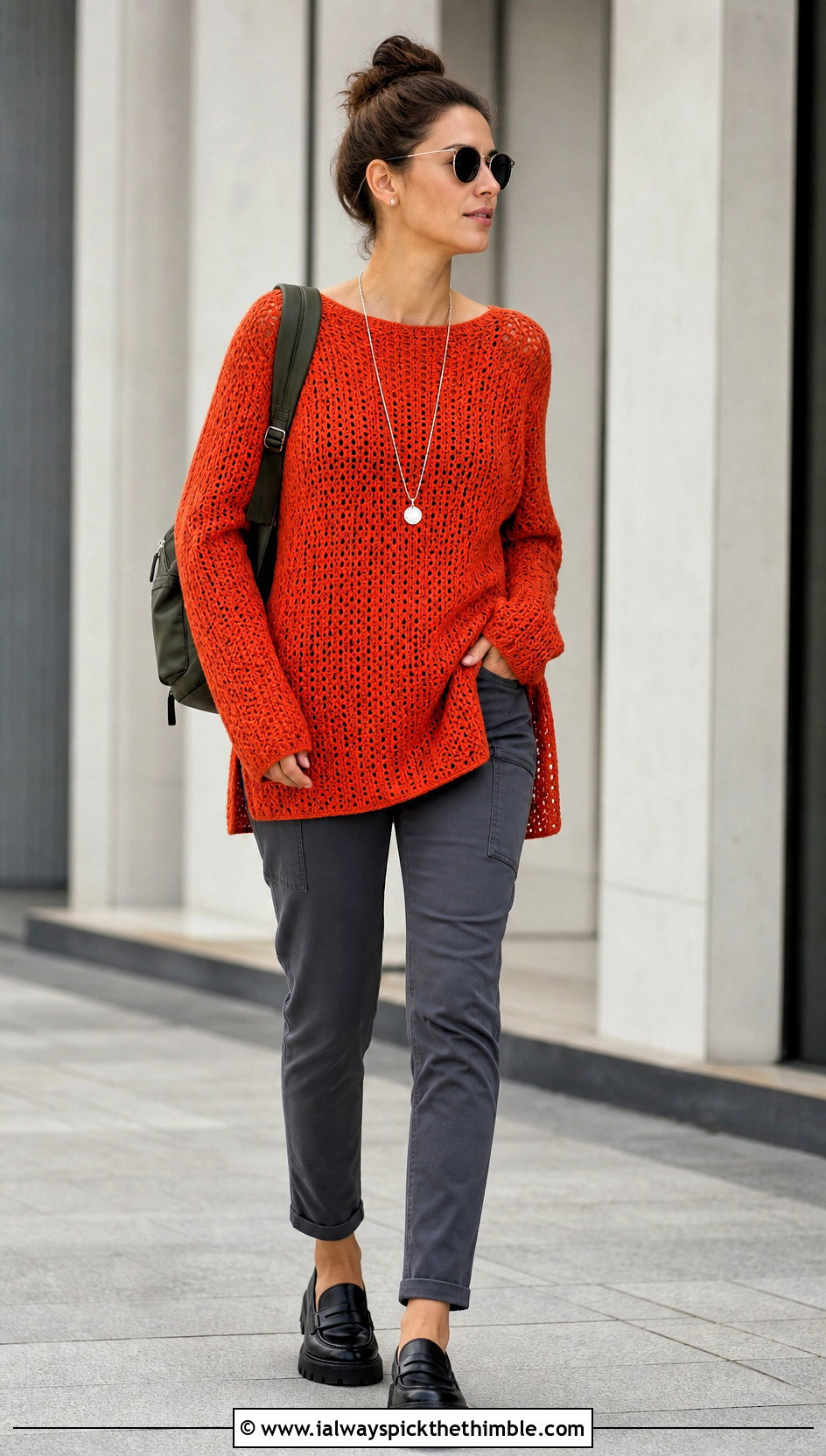 Sport Weight Crochet Tunic Sweater With Slim Utility Pants - 20 Sport Weight Crochet Sweater outfit ideas