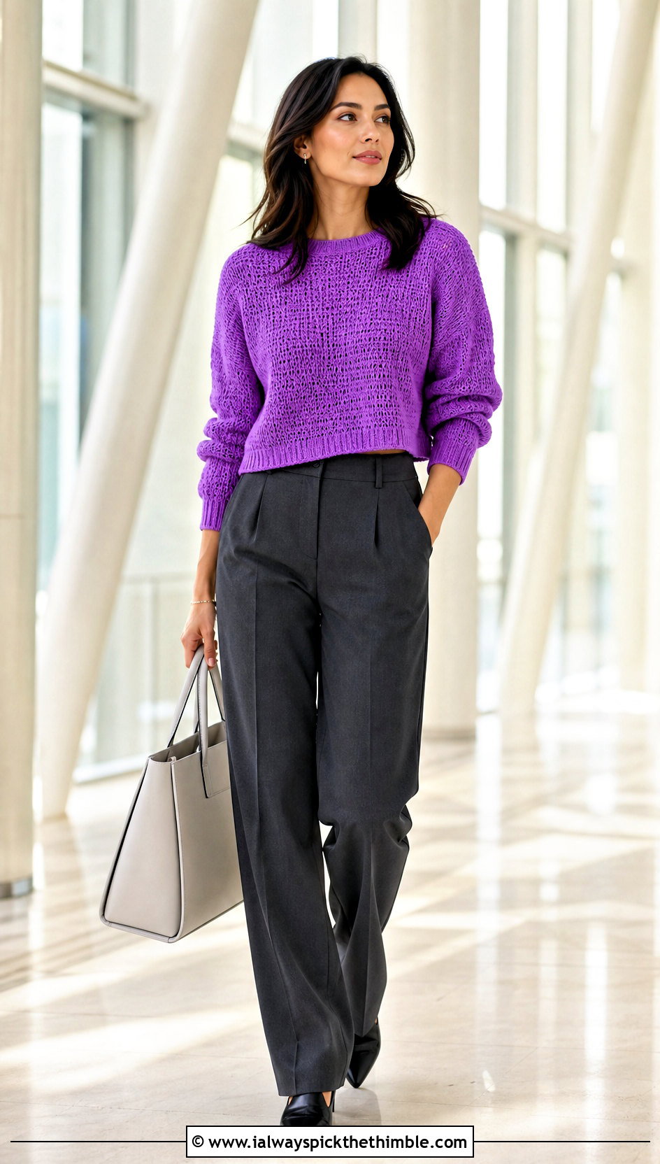 Sport Weight Cropped Crochet Sweater With Tailored Trousers - 20 Sport Weight Crochet Sweater outfit ideas