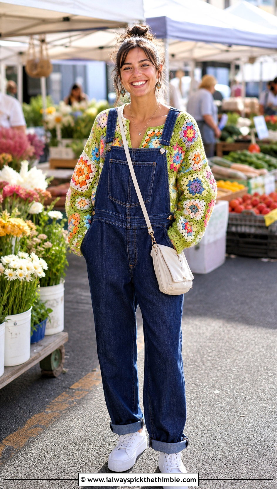 Sport Weight Granny Square Crochet Cardigan With Denim Overalls - 15 Sport Weight Crochet Cardigan outfit ideas