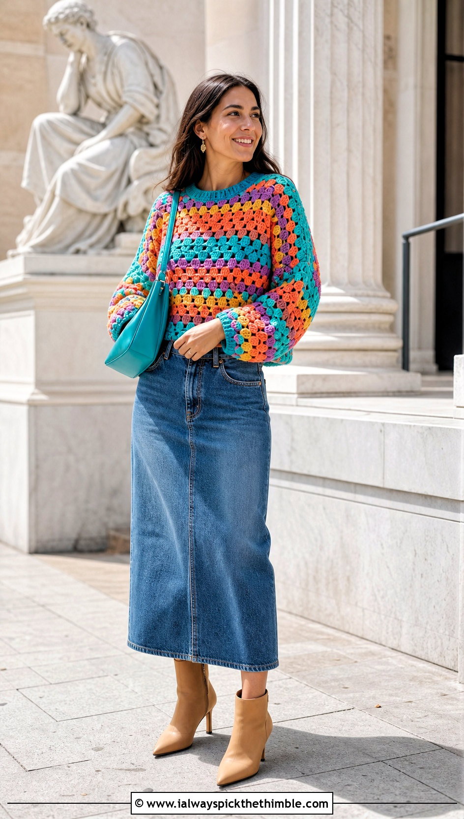 Sport Weight Granny Stitch Crochet Sweater With Denim Midi Skirt - 20 Sport Weight Crochet Sweater outfit ideas