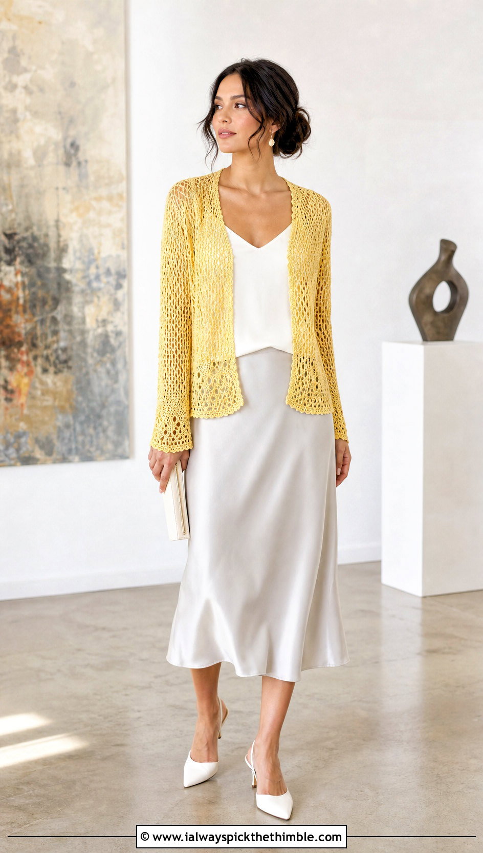 Sport Weight Lace Mesh Crochet Cardigan With Satin Midi Skirt - 15 Sport Weight Crochet Cardigan outfit ideas
