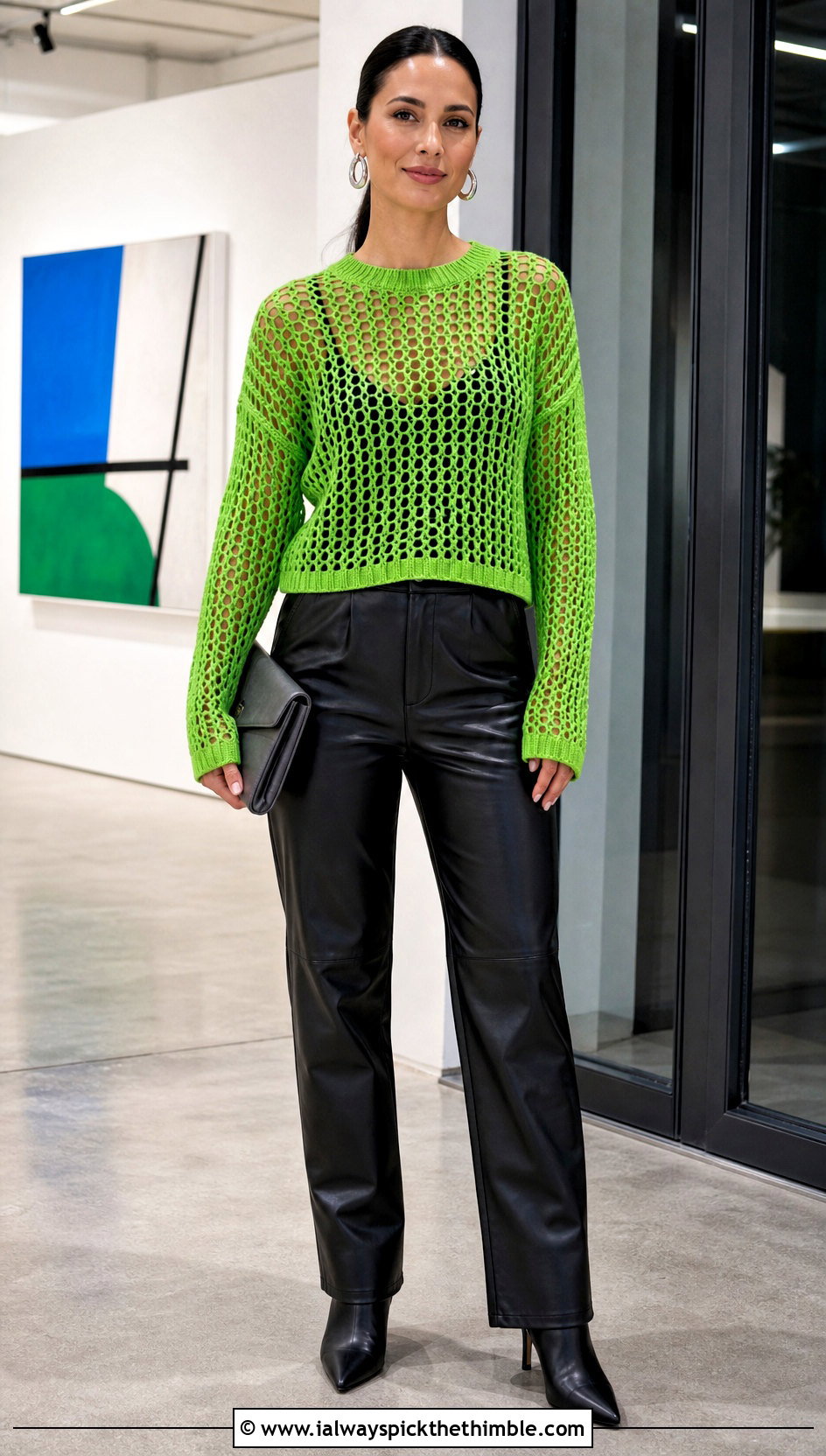 Sport Weight Open Stitch Crochet Sweater With Leather Pants - 20 Sport Weight Crochet Sweater outfit ideas