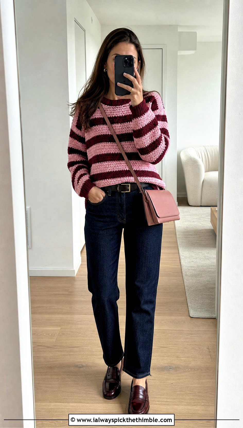 Sport Weight Striped Crochet Sweater With Dark Straight Jeans - 20 Sport Weight Crochet Sweater outfit ideas
