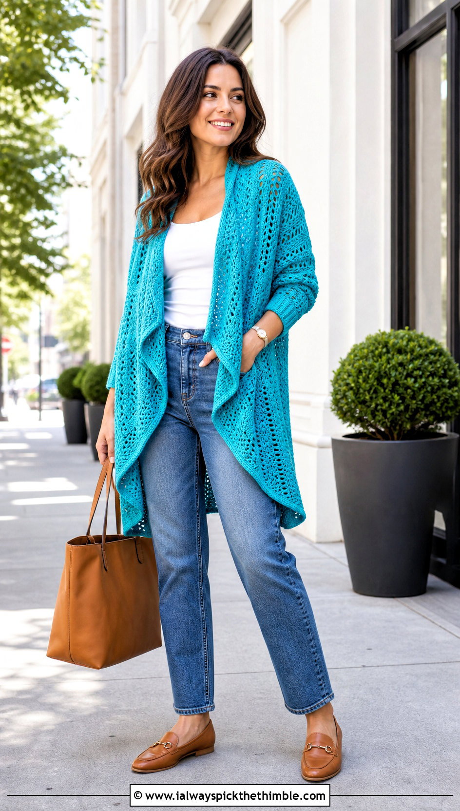 Sport Weight Waterfall Crochet Cardigan With Straight Leg Jeans - 15 Sport Weight Crochet Cardigan outfit ideas