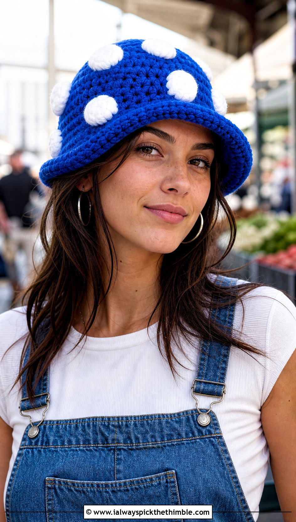 Spotted Mushroom Crochet Cap With Denim Overalls - 20 Mushroom Crochet Cap outfit ideas