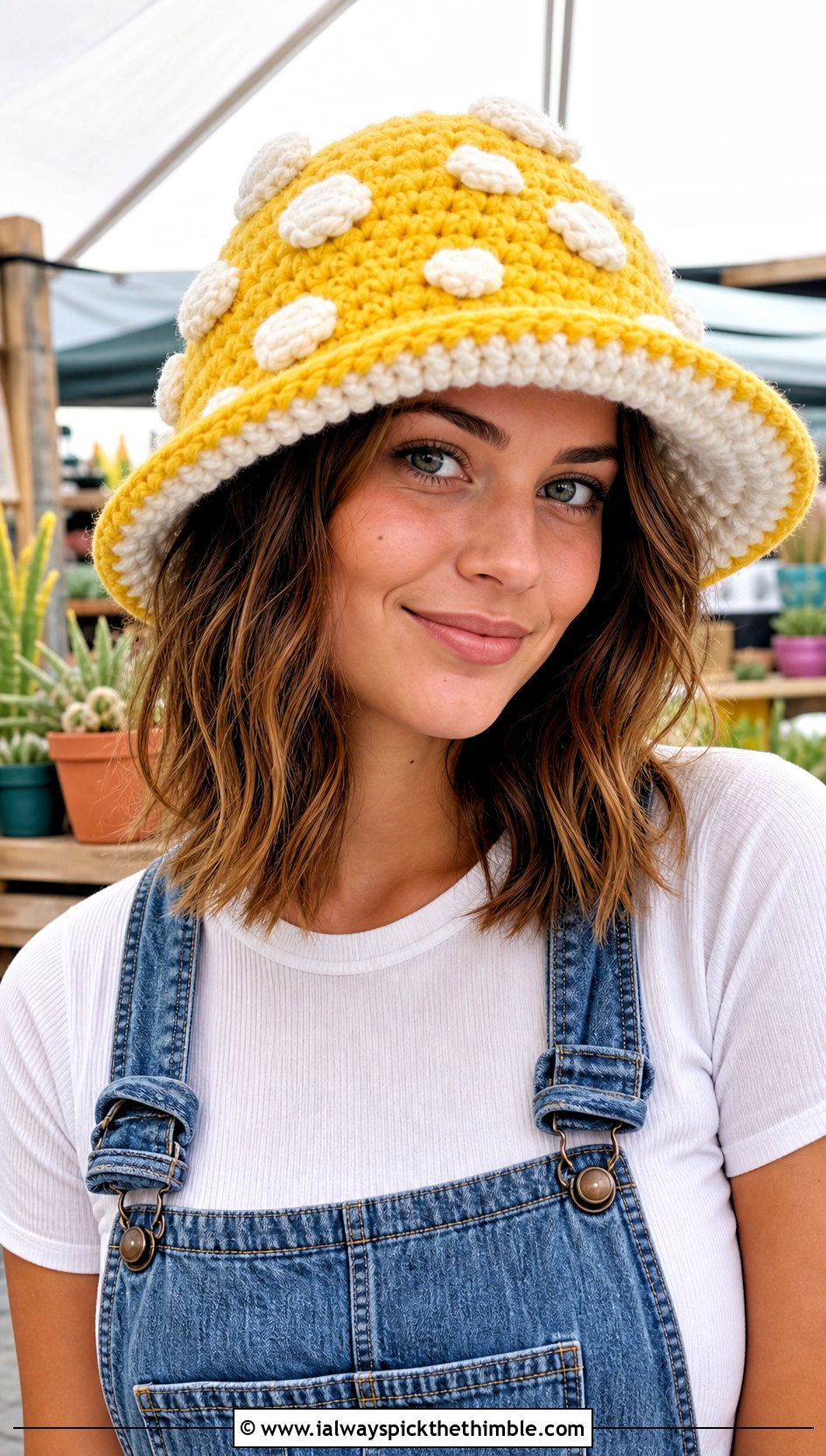 Spotted Toadstool Crochet Hat With Denim Overalls - 20 mushroom crochet hat outfit ideas