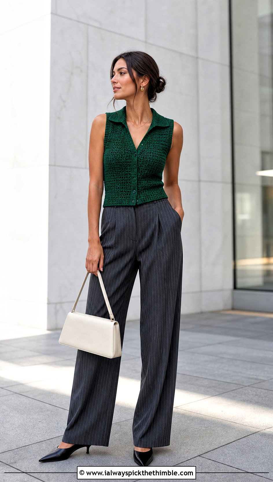 Spread Collar Crochet Vest With Pinstripe Trousers - 20 crochet vest with collar outfit ideas