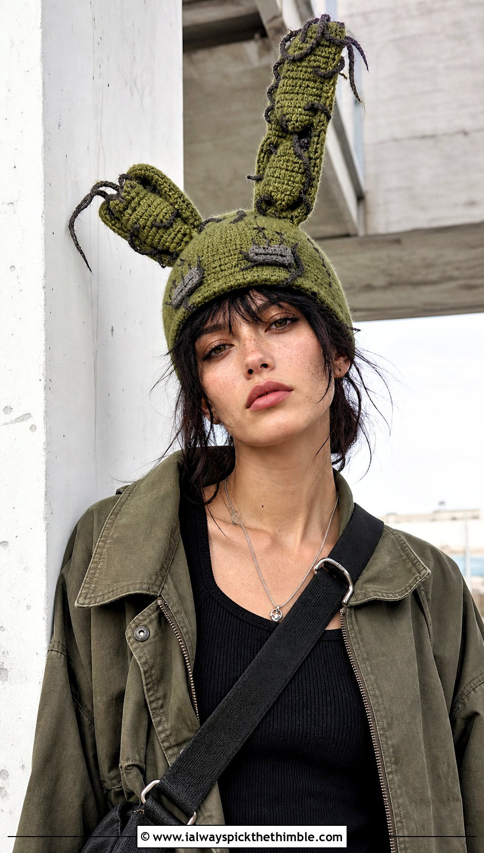 Springtrap Distressed Bunny Hat With Utility Jacket And Parachute Pants - 20 fnaf crochet hat outfit ideas