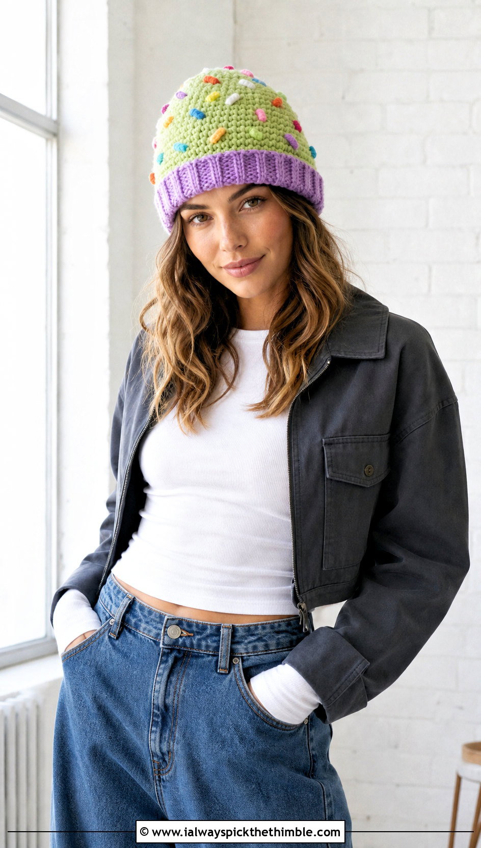 Sprinkle Crochet Cupcake Beanie With Wide Leg Jeans - 20 crochet cupcake hat outfit ideas