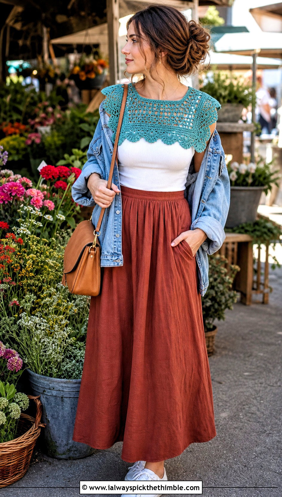 Square Bib Lace Crochet Collar With Denim Jacket And Maxi Skirt - 20 Lace Crochet Collar outfit ideas