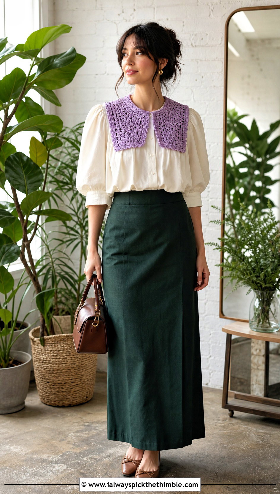 Square Crochet Collar With Puff Sleeve Blouse And Maxi Skirt - 25 crochet collar outfit ideas