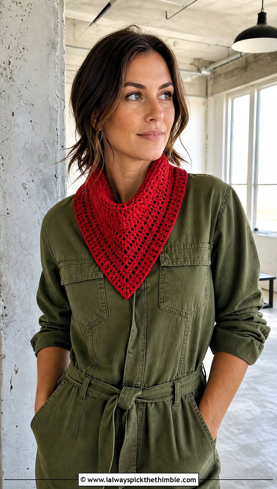 Square Crochet Head Scarf With Utility Jumpsuit - 20 Crochet Boho Head Scarf outfit ideas