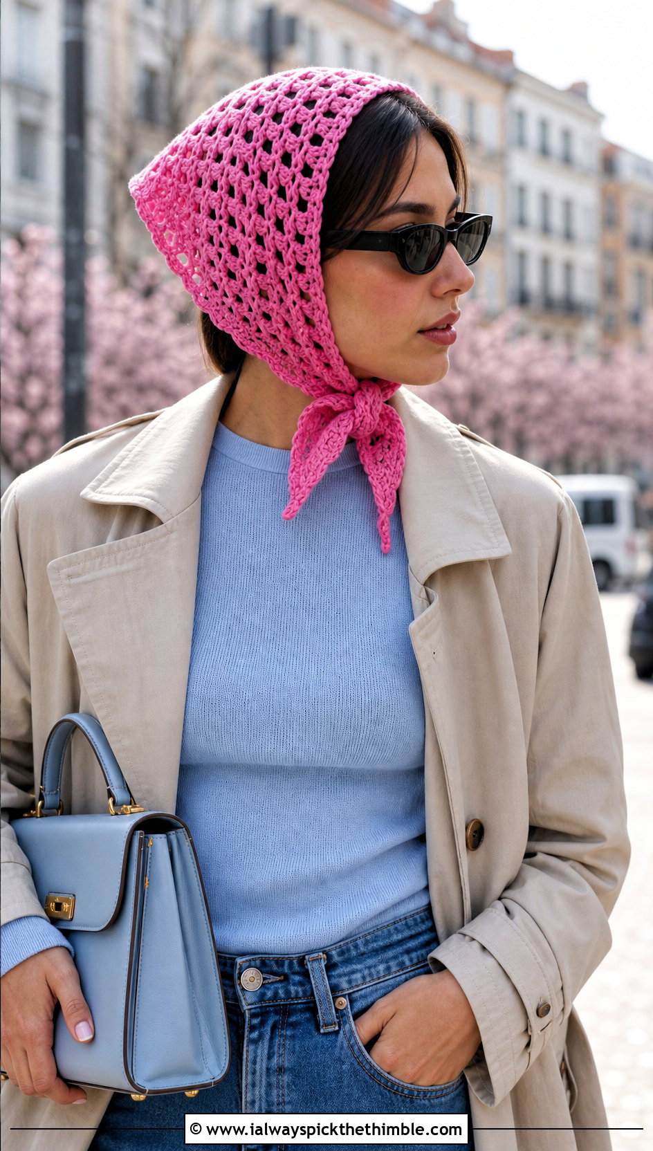 Square Fold Crochet Bandana Scarf With Trench Coat - 25 crochet bandana scarf outfit ideas
