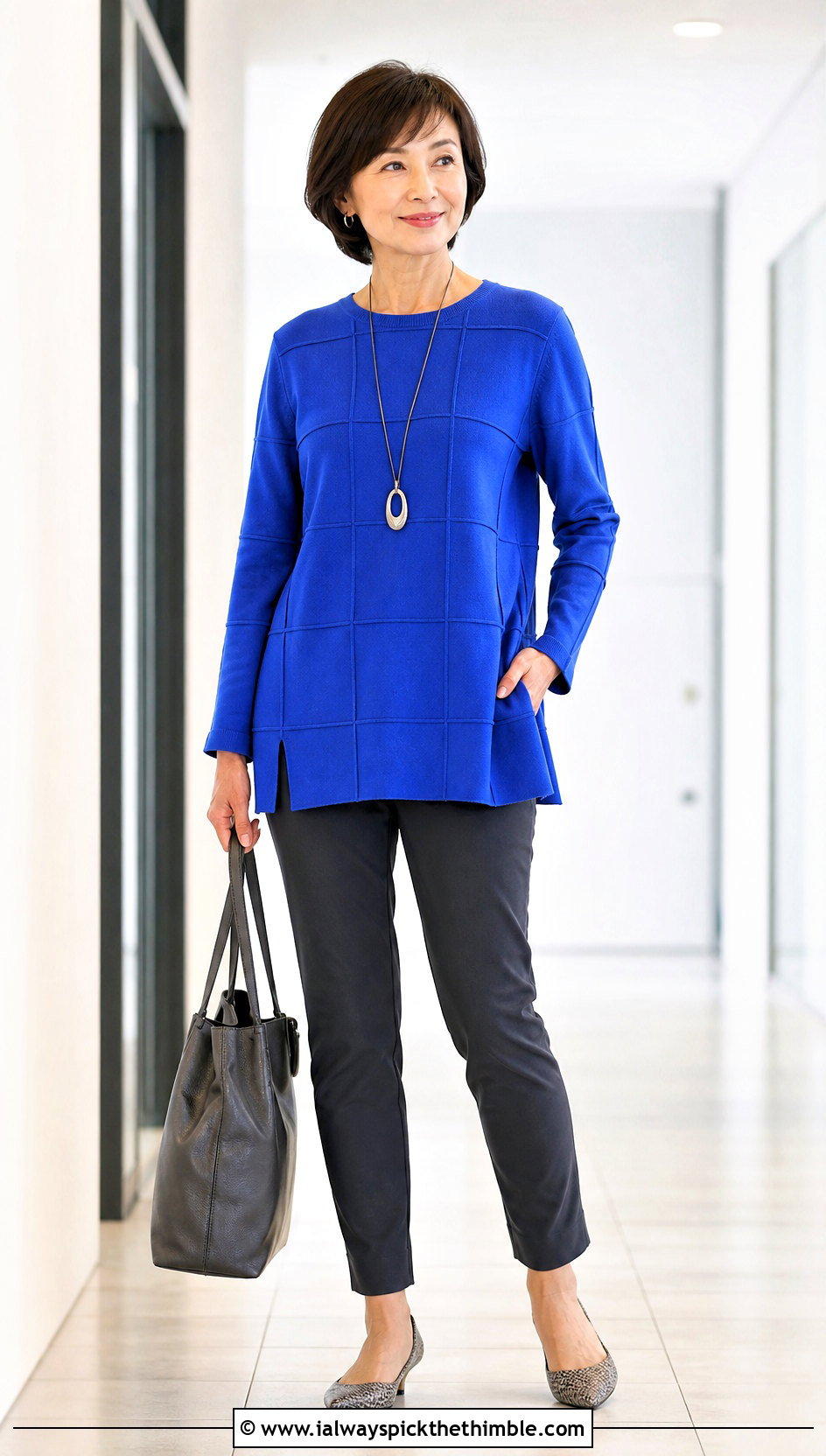 Square Motif Tunic Sweater With Slim Ankle Pants - 25 Crochet Square Sweater outfit ideas