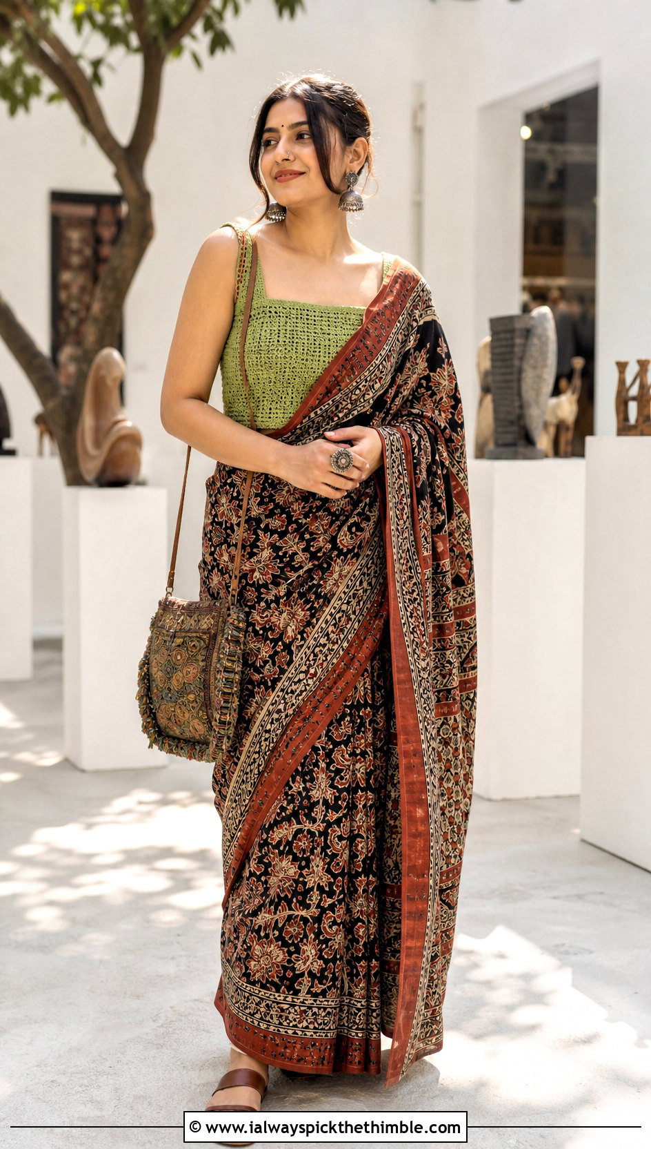 Square Neck Crochet Blouse With Kalamkari Saree - 25 Crochet Blouse For Saree outfit ideas