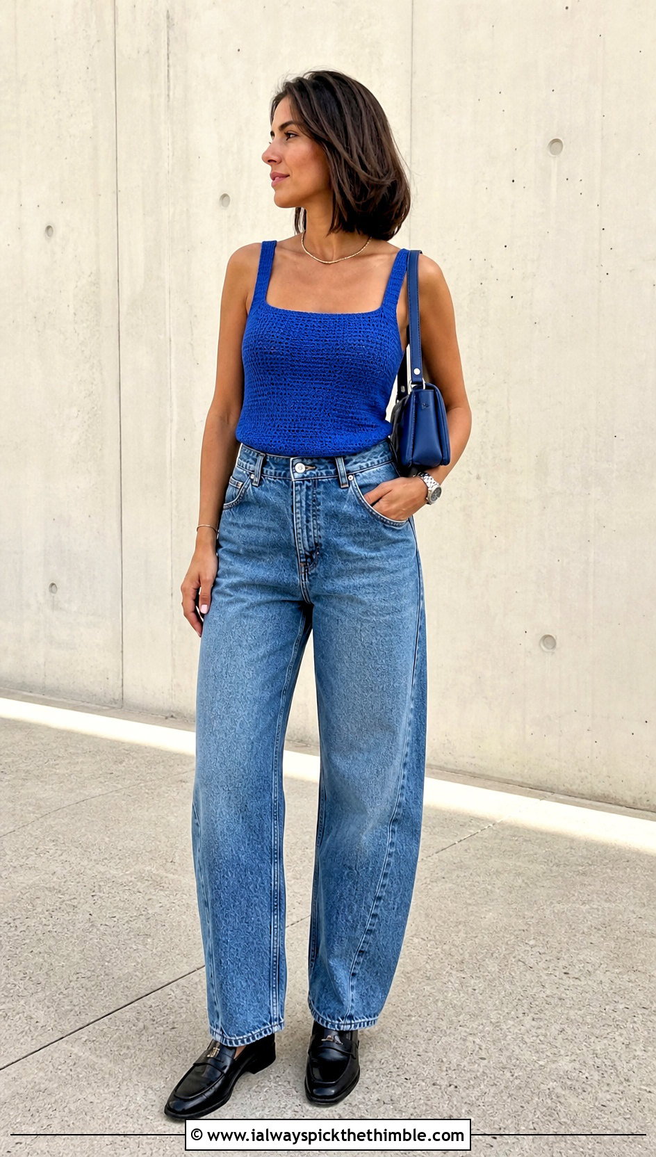 Square Neck Crochet Camisole With Barrel Jeans - 25 crochet camisole outfit ideas