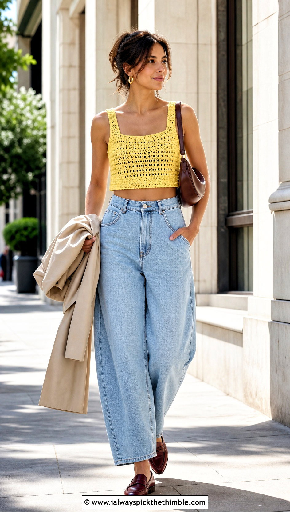 Square Neck Crochet Crop Top With Barrel Jeans - 20 cute crochet crop top outfit ideas