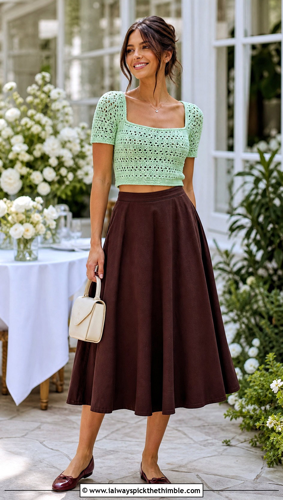 Square Neck Crochet Cropped Shirt With A Line Skirt - 20 crochet cropped shirt outfit ideas