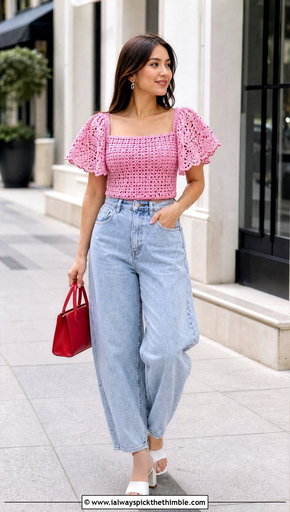 Square Neck Crochet Filipiniana Top With Barrel Jeans - 25 crochet filipiniana top outfit ideas