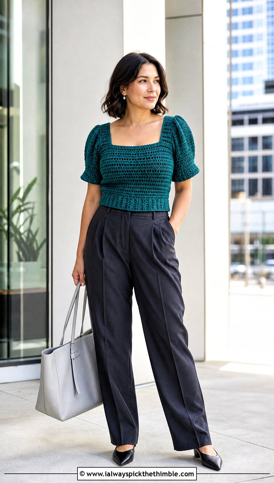 Square Neck Crochet Puff Top With Tailored Trousers - 25 crochet puff top outfit ideas