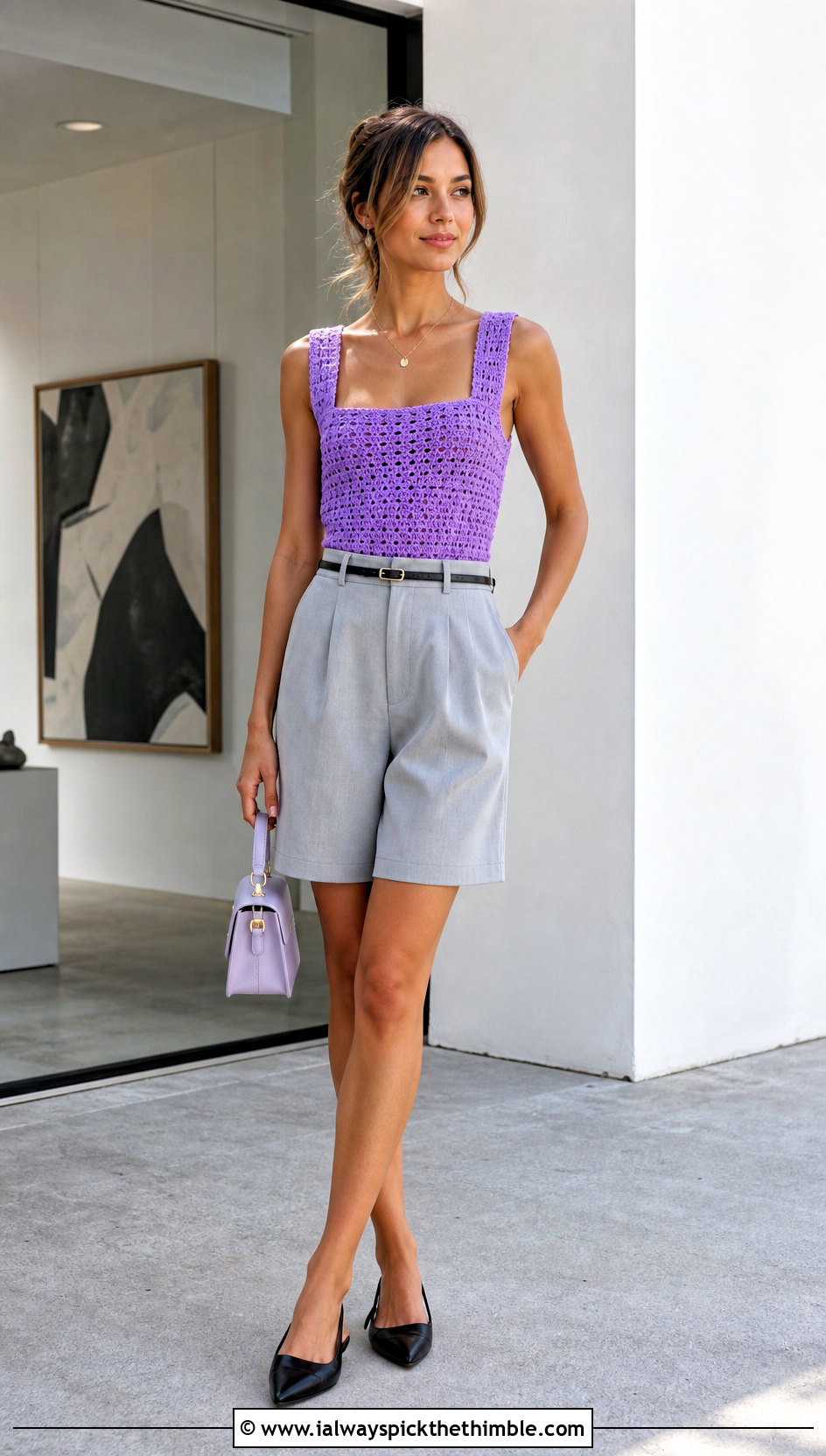 Square Neck Crochet Summer Tank Top With Bermuda Shorts - 25 crochet summer tank top outfit ideas