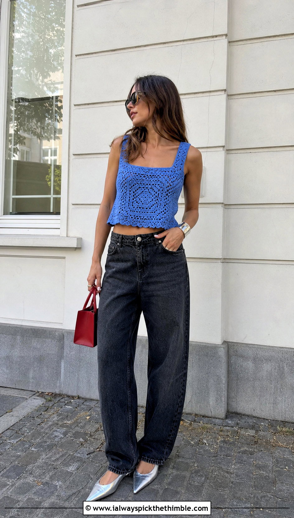 Square Neck Crochet Tank Top With Barrel Jeans - 25 Crocheted Summer Tops outfit ideas