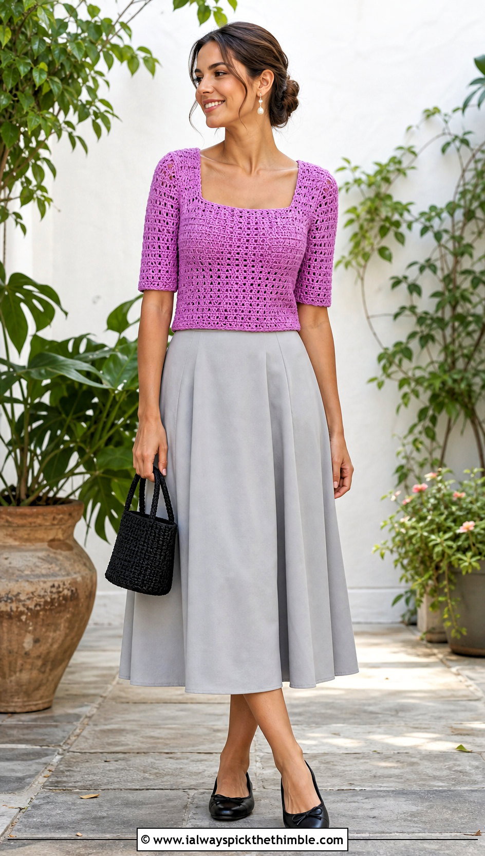 Square Neck Crochet Top With A Line Skirt - 25 crochet top with sleeves outfit ideas