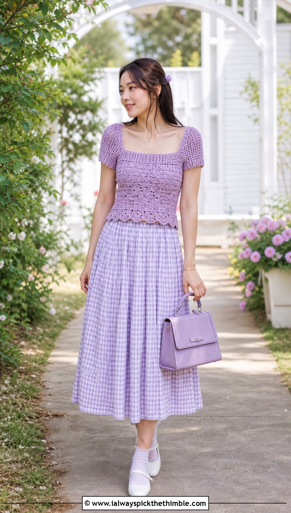 Square Neck Crochet Top With Gingham Midi Skirt - 25 coquette crochet top outfit ideas