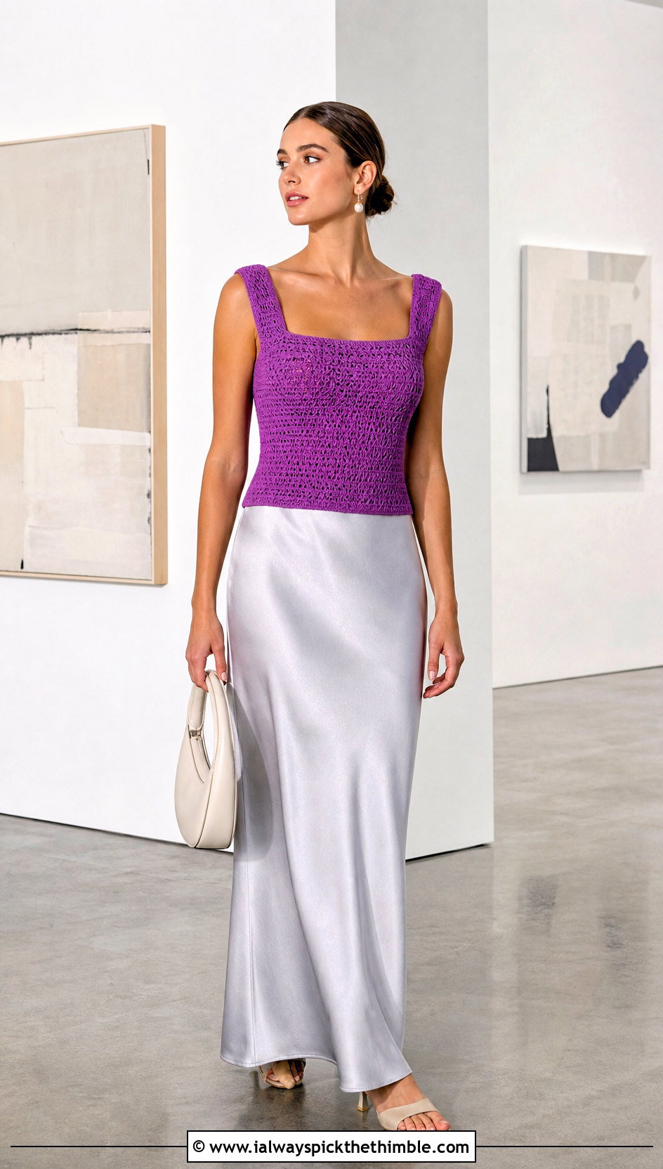 Square Neck Crochet Top With Satin Maxi Skirt - 20 dainty crochet top outfit ideas
