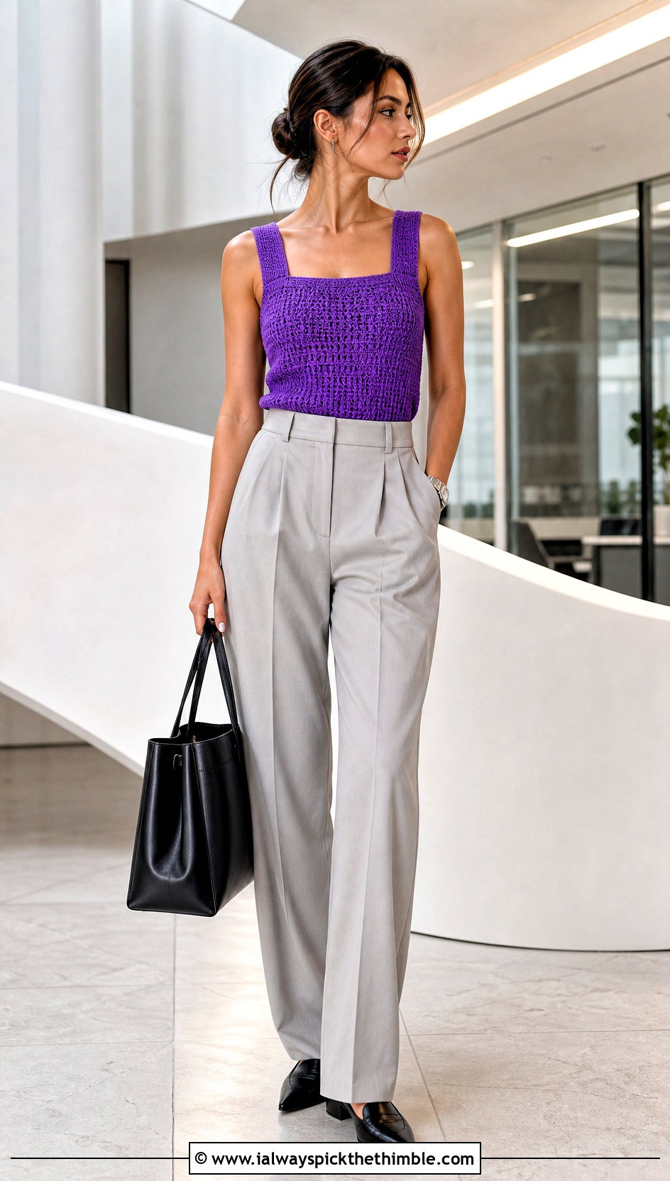 Square Neck Crochet Top With Tailored Pants - 25 crochet simple top outfit ideas