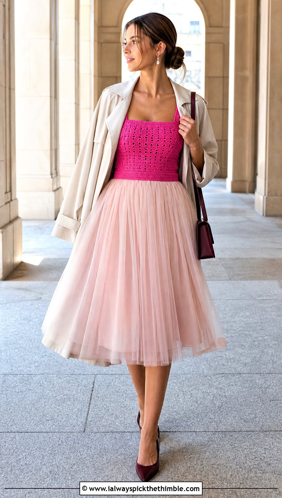 Square Neck Crochet Tutu Dress With Trench Coat - 25 Crochet Tutu Dress outfit ideas