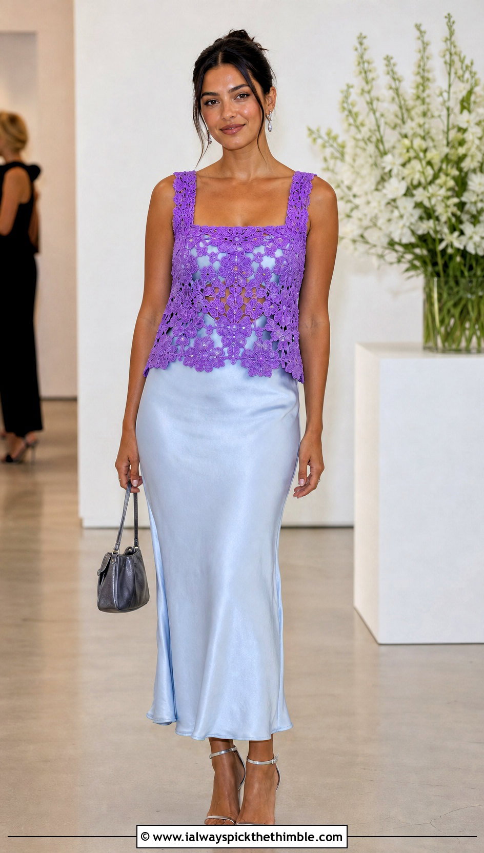 Square Neck Floral Crochet Peekaboo Top With Slip Dress - 15 crochet peekaboo top outfit ideas