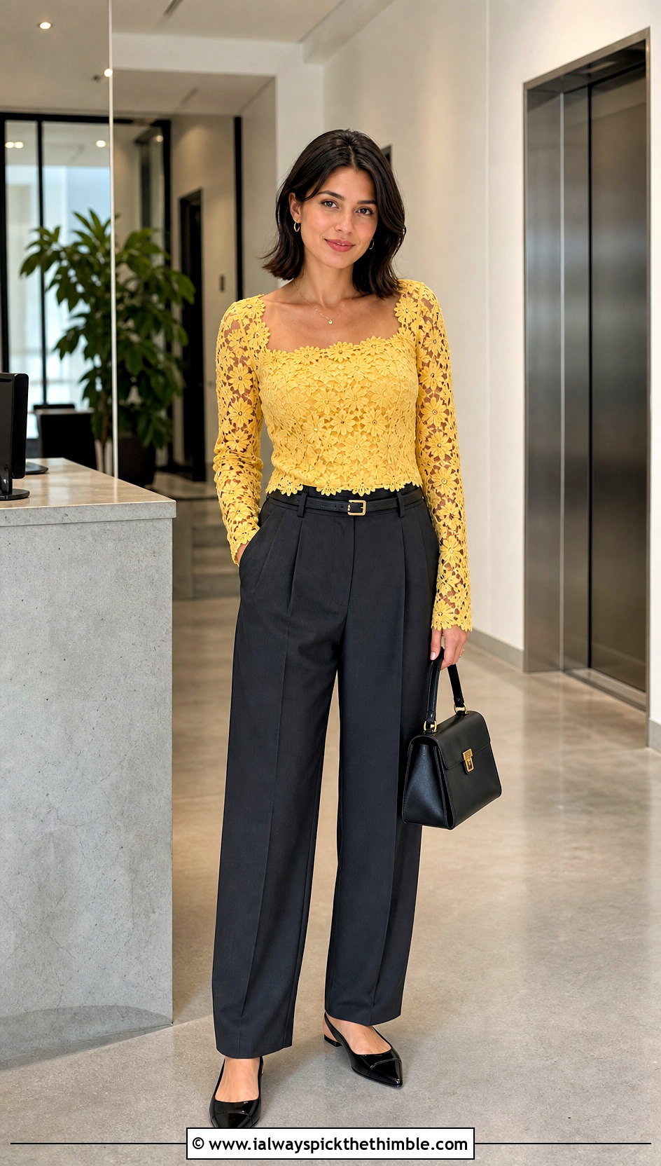 Square Neck Floral Lace Top With Tailored Trousers - 20 crochet floral lace top outfit ideas