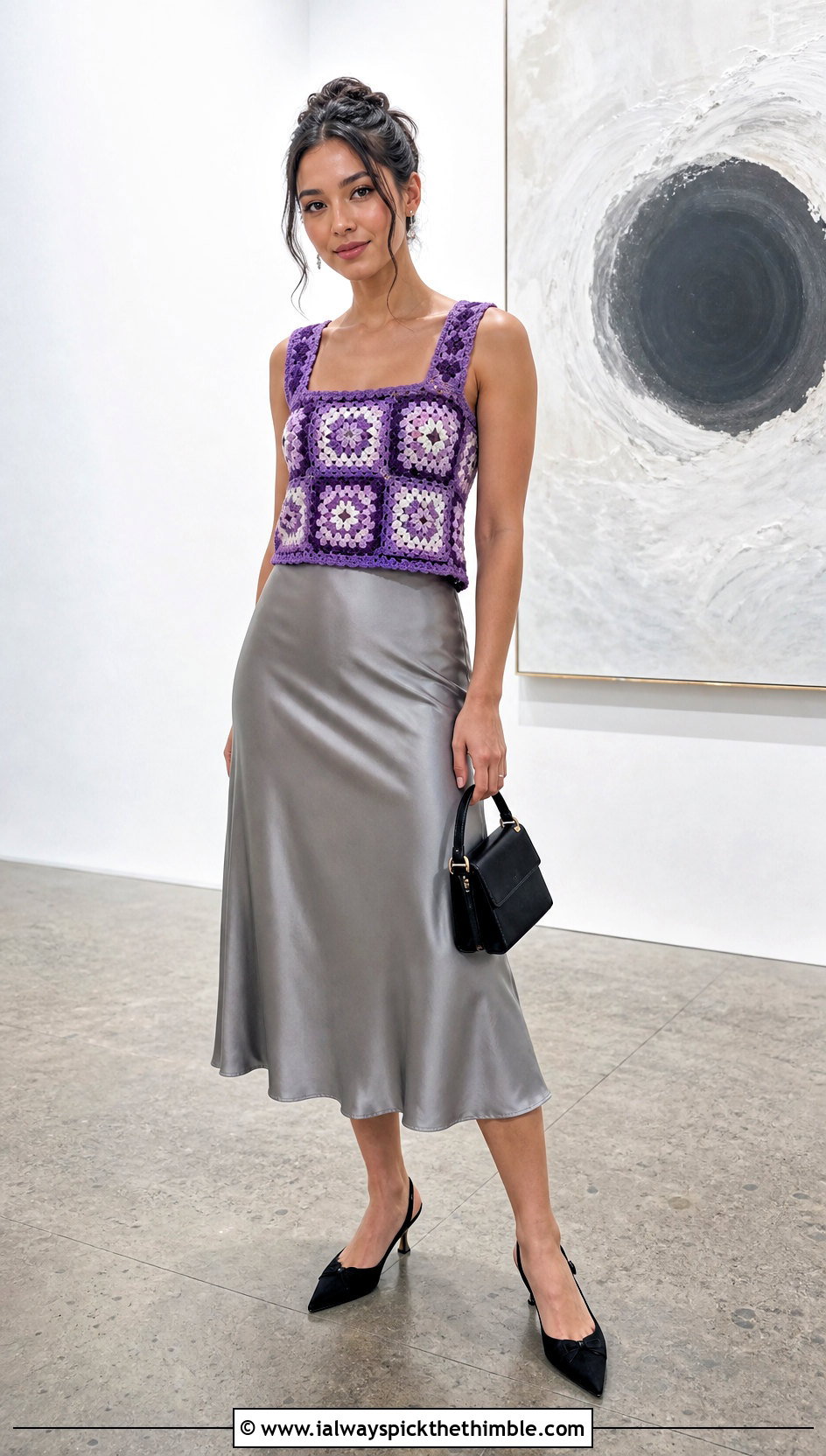 Square Neck Granny Square Top With Satin Midi Skirt - 25 granny square tops outfit ideas