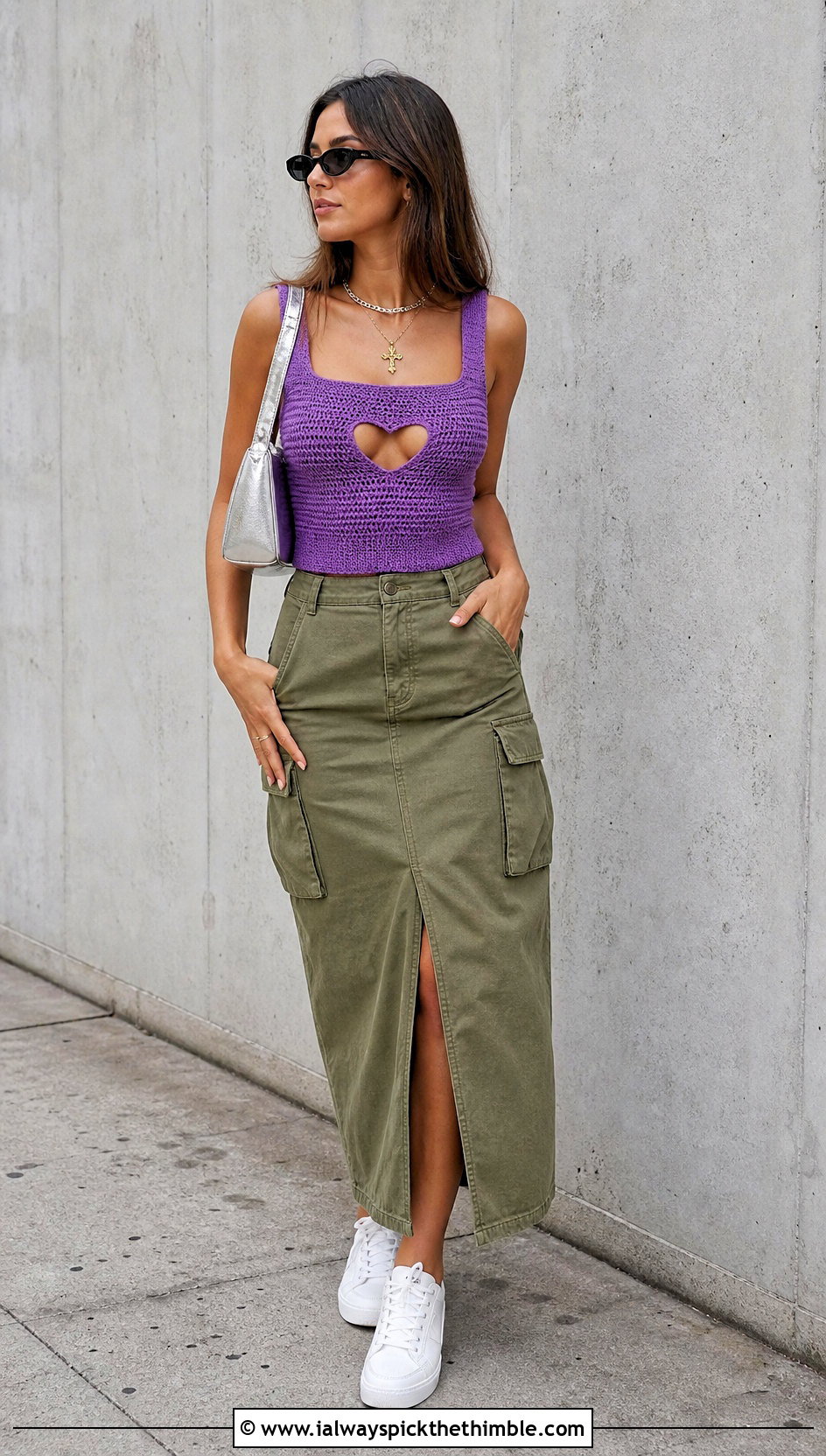 Square Neck Heart Cut Out Crochet Top With Cargo Maxi Skirt - 20 Heart Cut Out Crochet Top outfit ideas